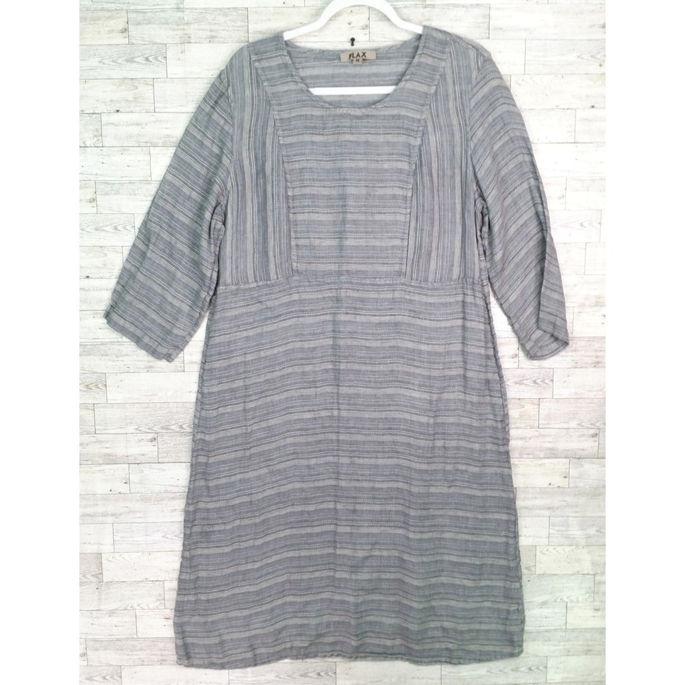 Women's Flax Linen Tunic Shift Dress Size M Medium Gray Blue Striped